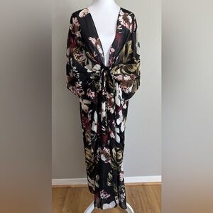 Walter Baker Sheer Black w/ Floral Print Maxi Kimono Duster‎